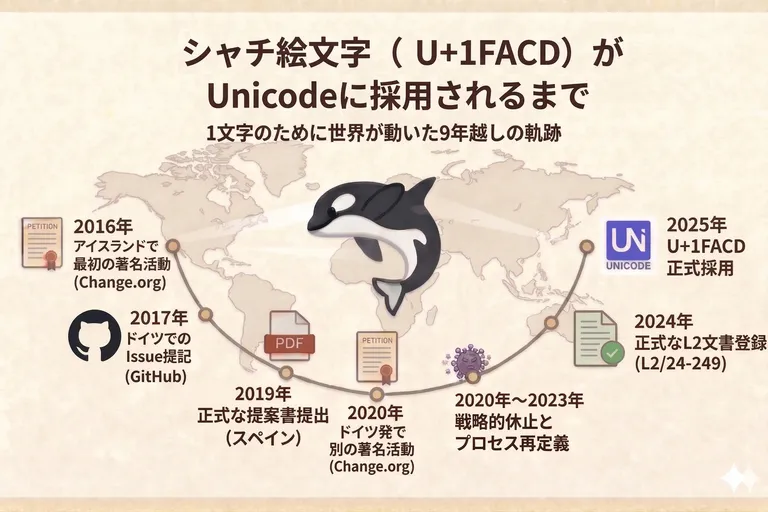 シャチ絵文字（U+1FACD）がUnicodeに採用されるまで — 1文字のために世界が動いた9年越しの軌跡