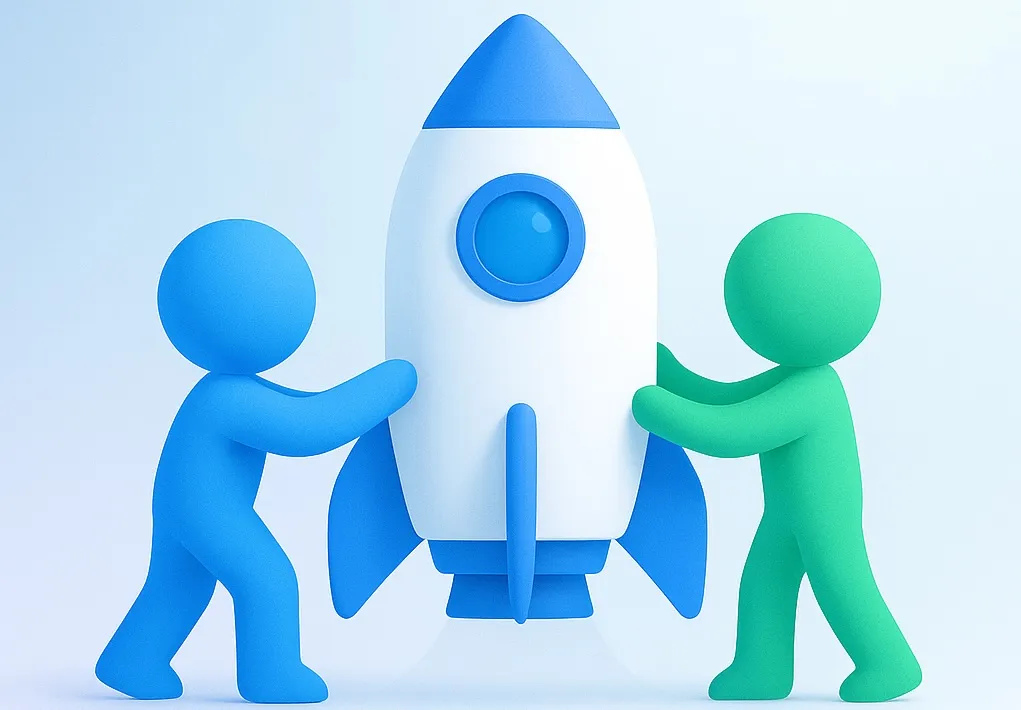 共に成長するパートナー - 2人が協力してロケットを打ち上げるイラスト